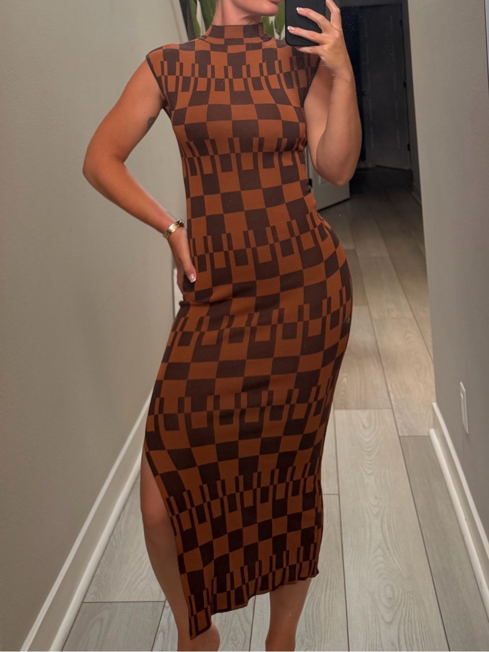 Sleeveless Brown Checker Midi Dress